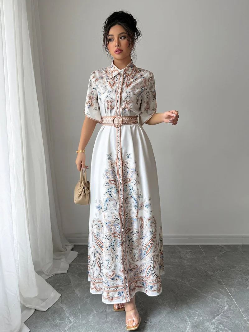 Outzidr  White Button Down Printed Shirt Dress for Women | Best Price UAE